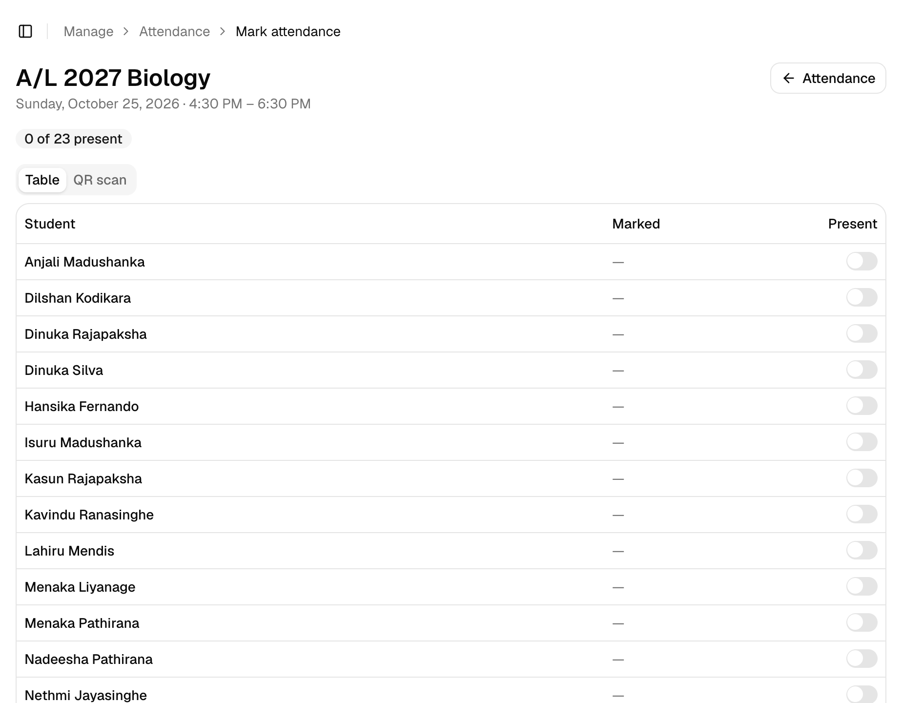 Class Tracker attendance screen for an A/L Biology class, with Table and QR scan modes and a Present switch for each student